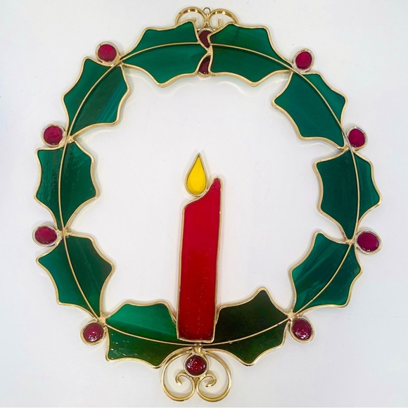 Vintage Christmas Holly Wreath Hand Pieced Stained Glass Sun Catcher Decoration - Picture 5 of 12